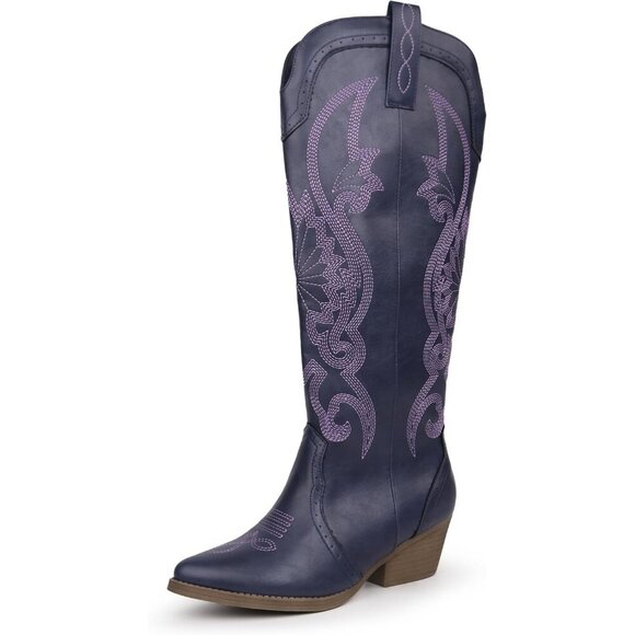 Women's Purple Faux Leather Pointed Toe and Block Heel Classic Embroidered Boot - Picture 6 of 6